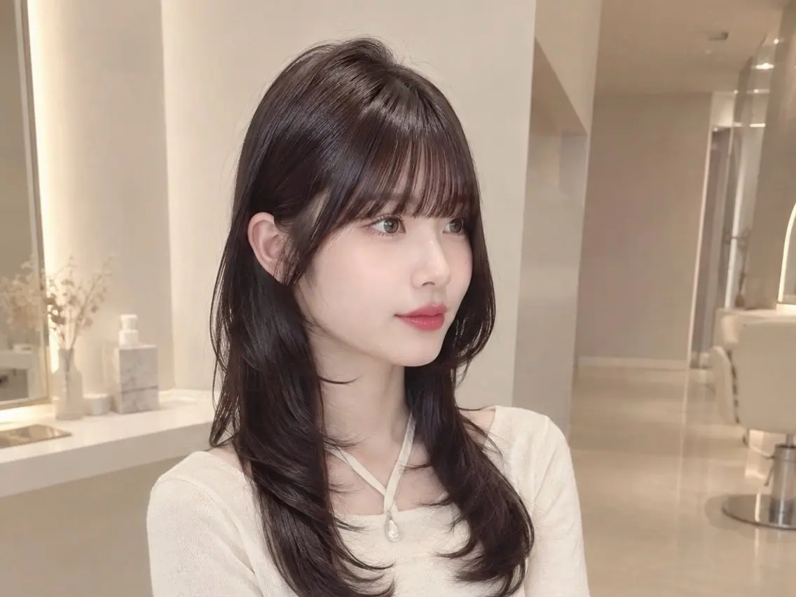 セミロング 顔周りカット 韓国風ヘア レイヤーカット カット トリートメント 韓国レイヤー/ ハッシュカットひなたのヘアスタイル