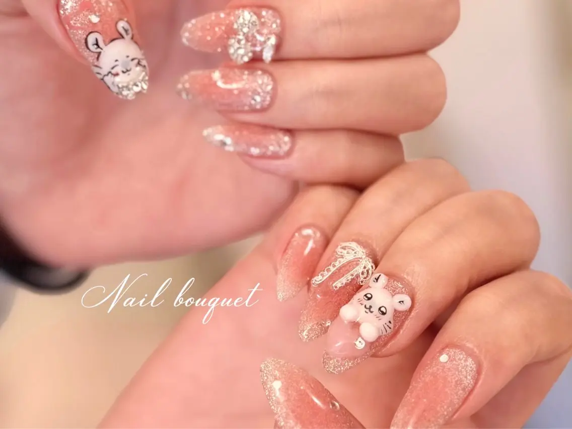 ネイル カジュアル フレンチネイル ガーリー キラキラネイル マグネットネイル ハンドネイル Nail bouquetのネイルデザイン