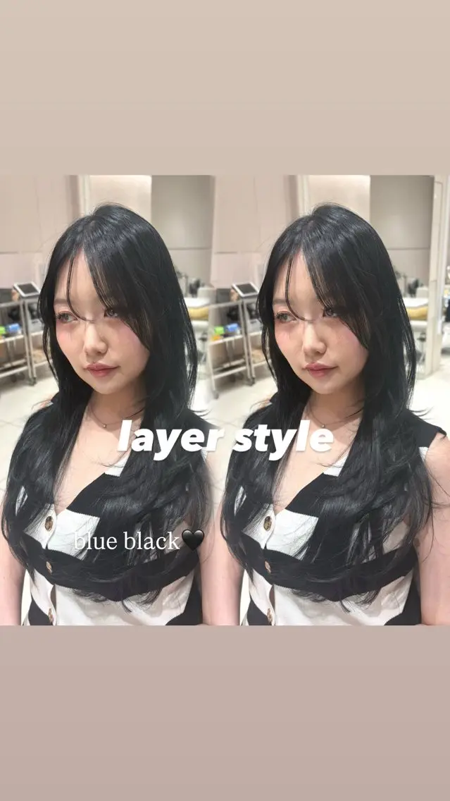 ロング カラー 黒髪 ブルーカラー ブルーブラック ヘアカラー トリートメント 銀座/レイヤー/ 透明感カラー✨りくのヘアスタイル
