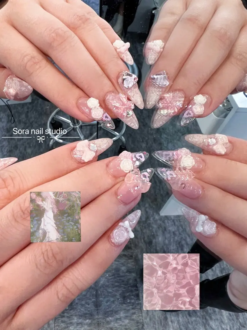 ネイル ガーリー ハート 韓国ネイル ニュアンスネイル リボン Sora nail 長さ出し専門店のネイルデザイン