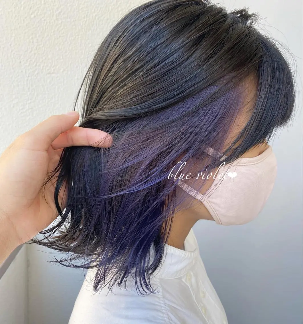 ショート カラー ヘアアレンジ ブリーチ ブルーカラー ブルーバイオレット デザインカラー イヤリングカラー 当日予約⭕️ JUNYAのヘアスタイル
