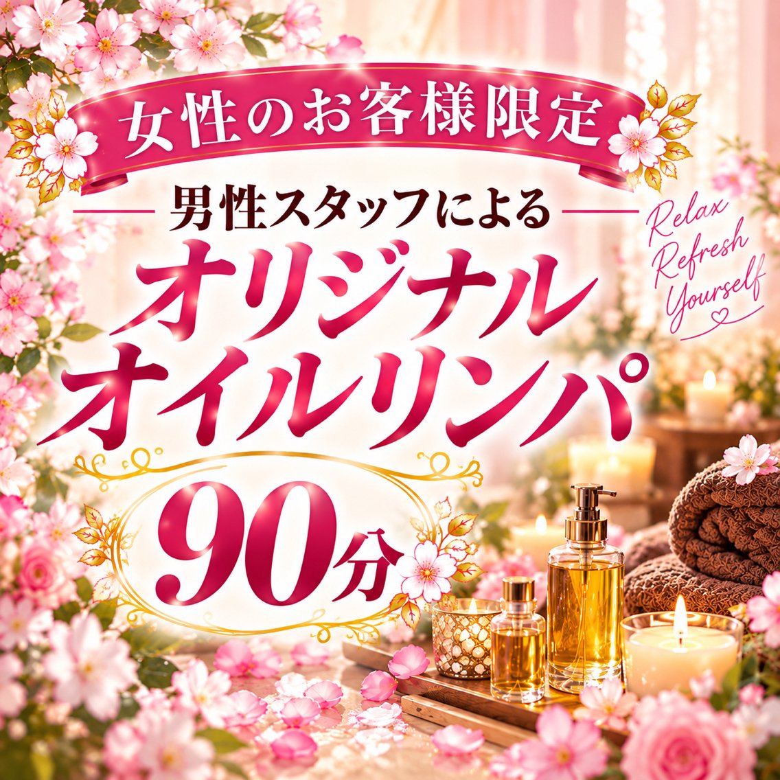 【女性のお客様限定】ななせ(男性)担当 オリジナルオイルリンパ90分の写真