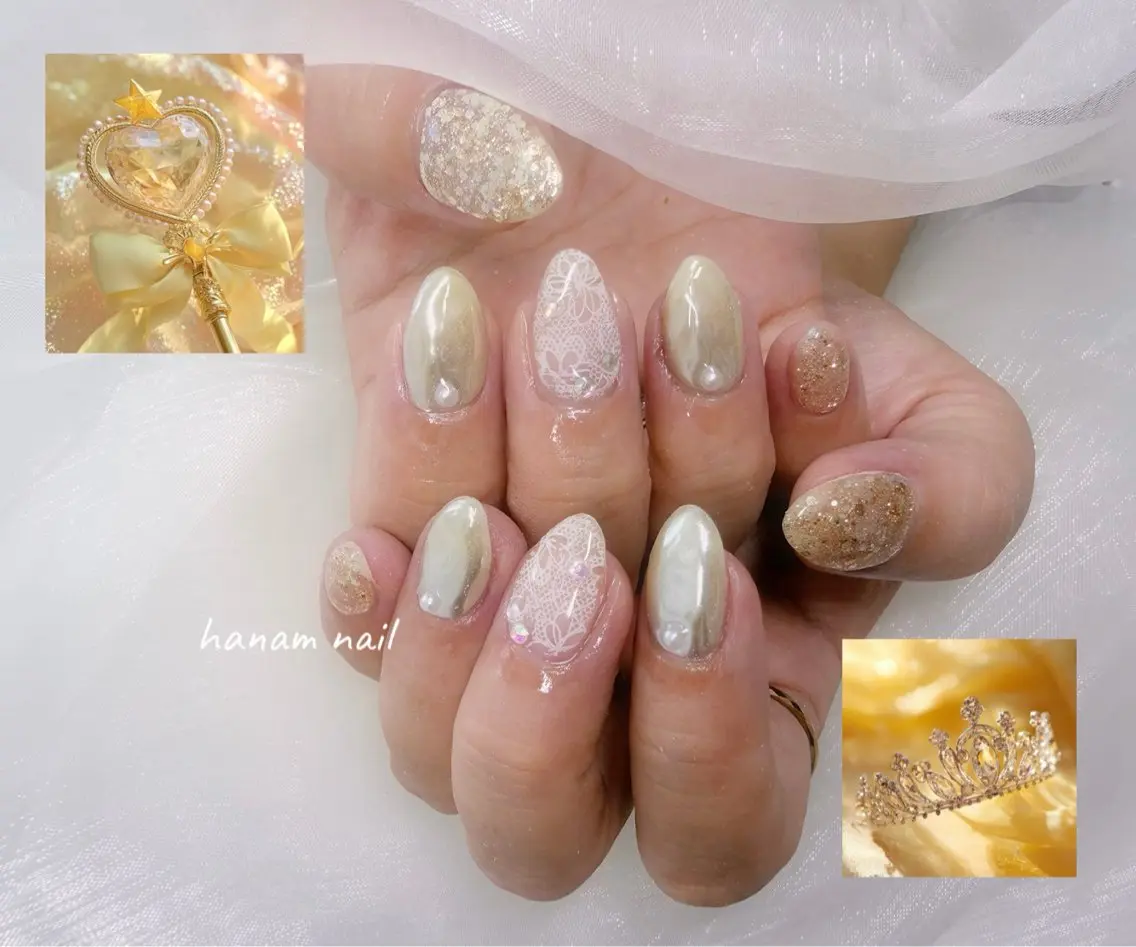 ネイル レース ミラーネイル 黄色 ハンドネイル hanam nail 🌿🩵ハナムネイルのネイルデザイン