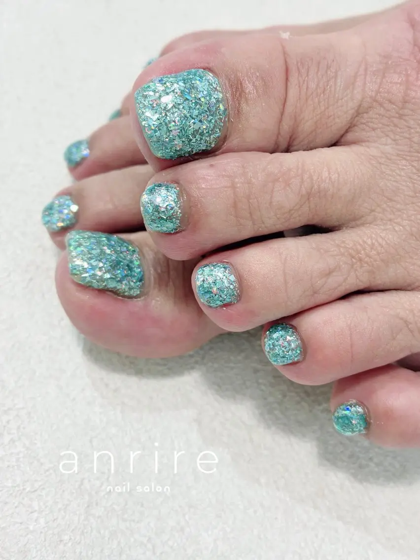 ネイル ブルー フラッシュネイル フットネイル ジェルネイル グリーン ハンドネイル nailsalon anrireのネイルデザイン