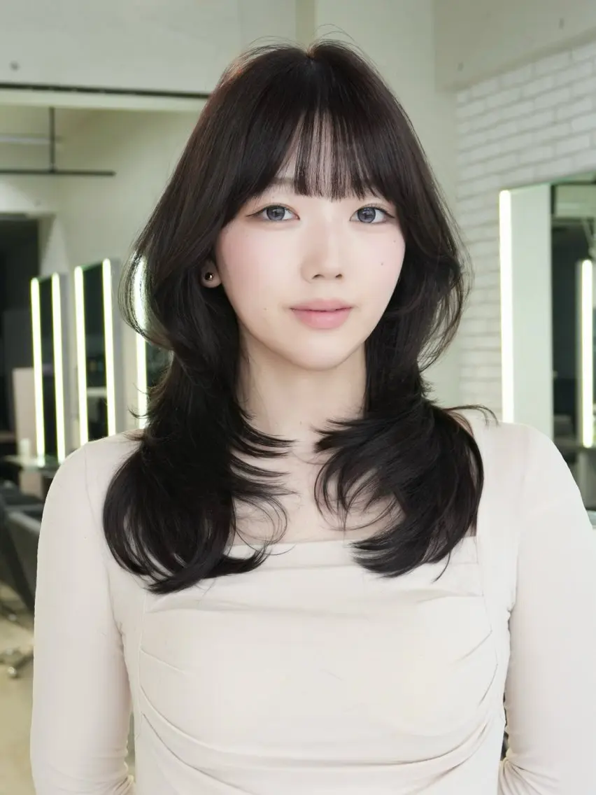 セミロング カラー ディープラベンダー グレージュ ラベンダーカラー ラベンダーグレージュ ラベンダーグレー カット ヘアカラー Airi 韓国y2k ハイレイヤーのヘアスタイル