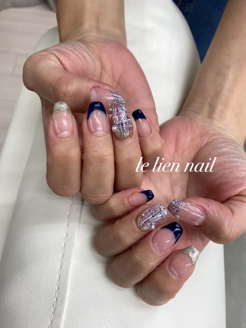 ネイル フレンチネイル ネイビー ツイードネイル le lien nailのネイルデザイン