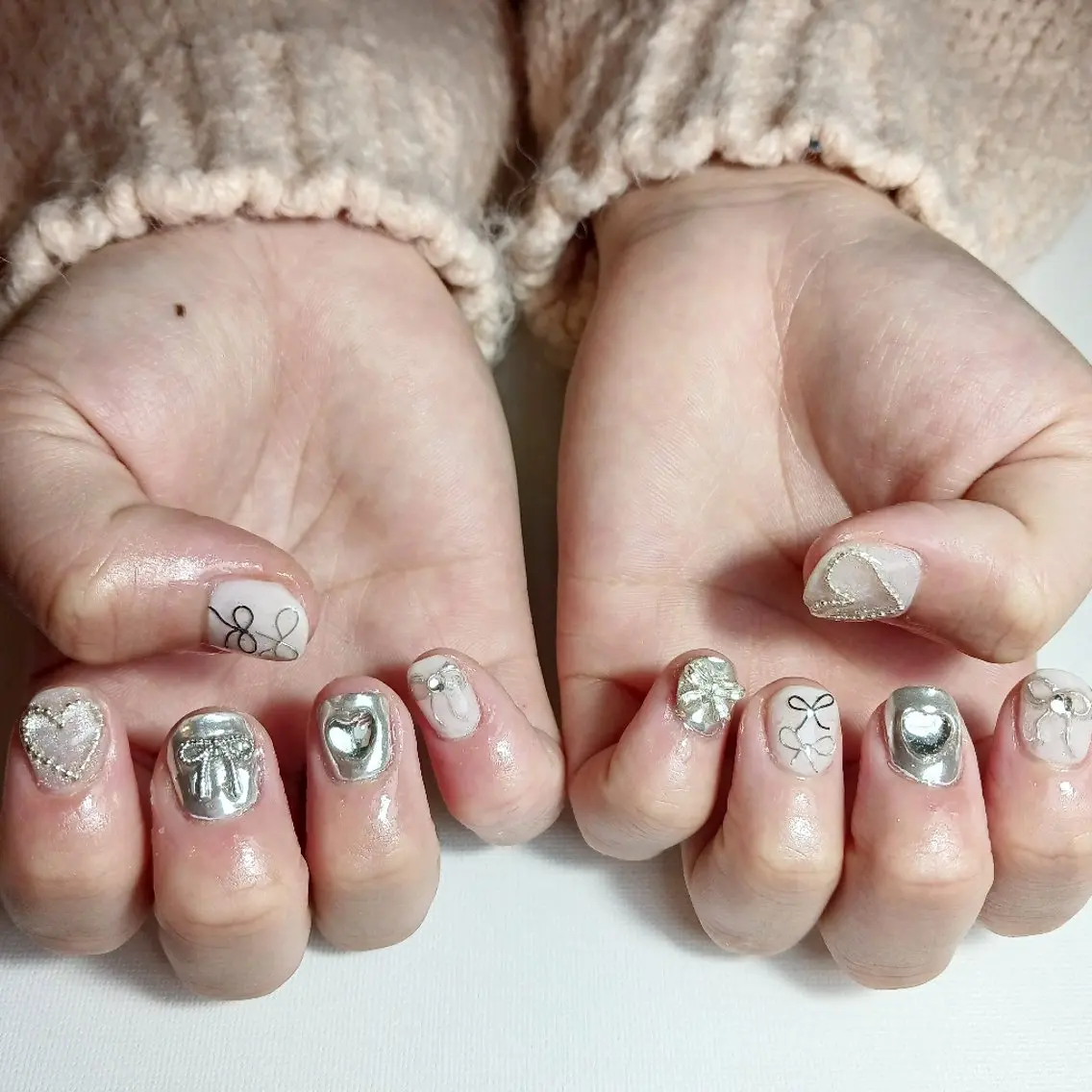 ネイル ジェルネイル ハート 持ち込み リボン ショートネイル owlnail /持込みデザイン専門のネイルデザイン