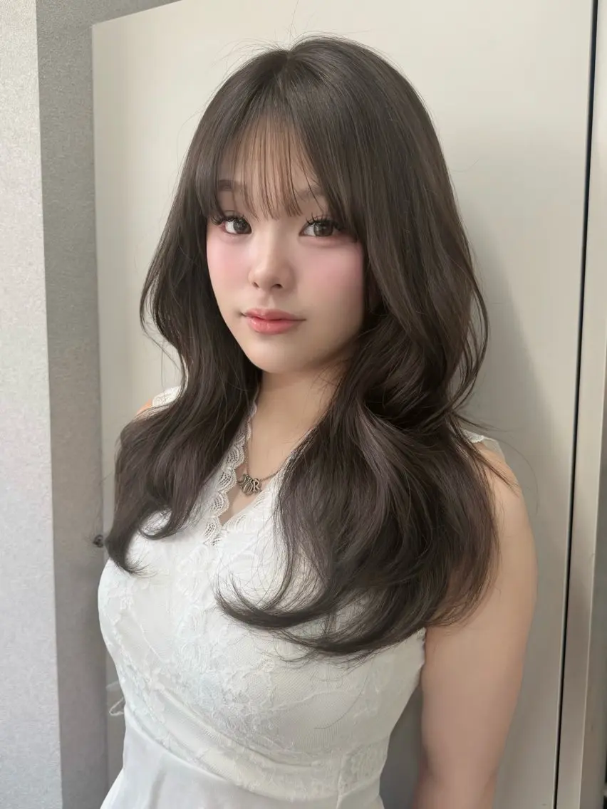 ロング カラー ベージュカラー 透明感カラー オリーブベージュ 顔周りカット 韓国風ヘア ヘアカラー トリートメント 結べるレイヤー/ 透明感カラー/和奏のヘアスタイル