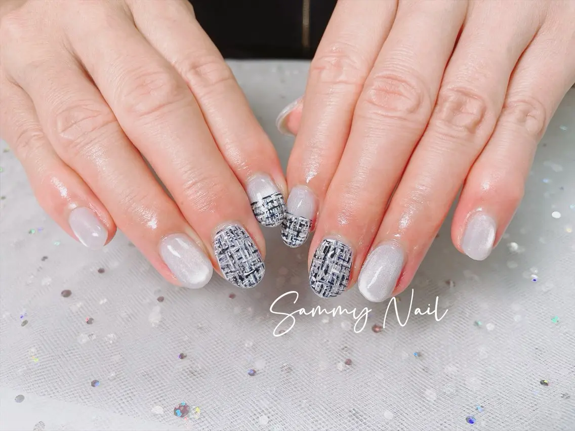 ネイル ネイビー ツイードネイル ホワイト ハンドネイル Sammy Nailのネイルデザイン