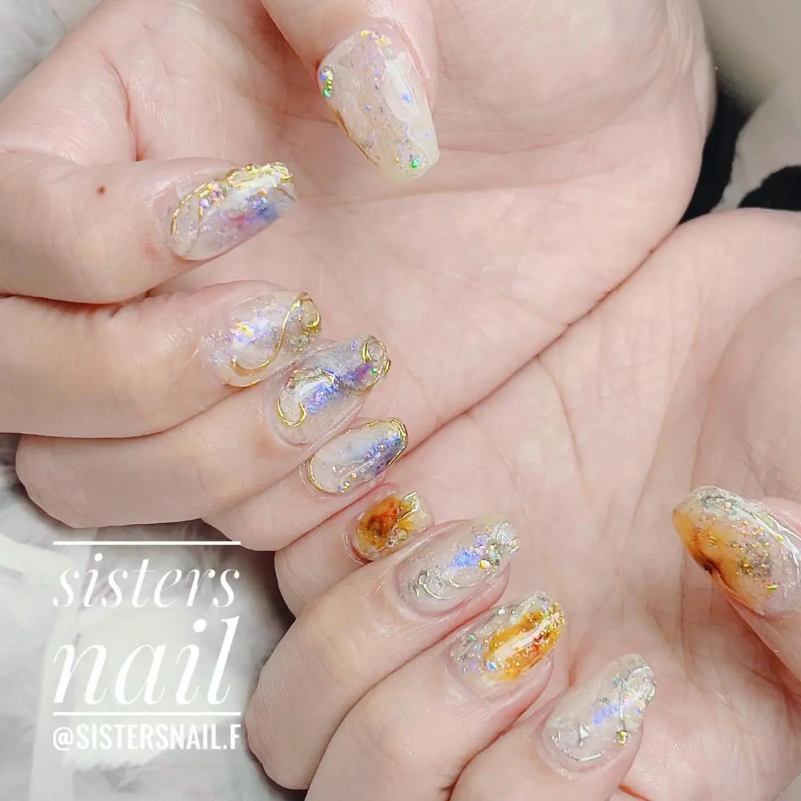 ネイル アートネイル クリアネイル ホログラムネイル キラキラネイル ホワイト sisters nail.fのネイルデザイン