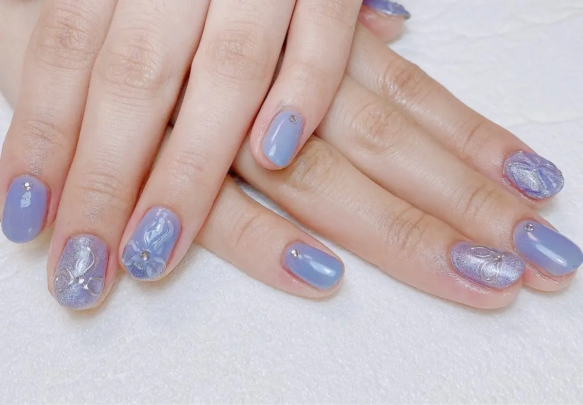 ネイル ブルー 持ち込み ぷっくりネイル リボン Nail Salon K 🧸美爪育成のネイルデザイン
