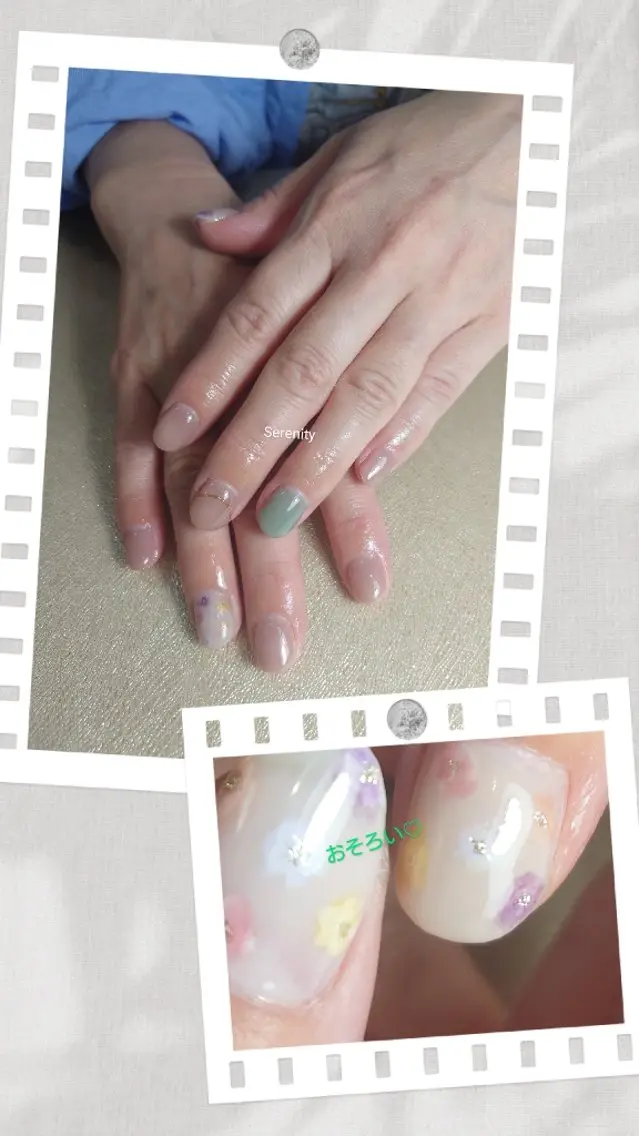 ネイル グリーン おそろいネイル 春ネイル nail  serenityのネイルデザイン