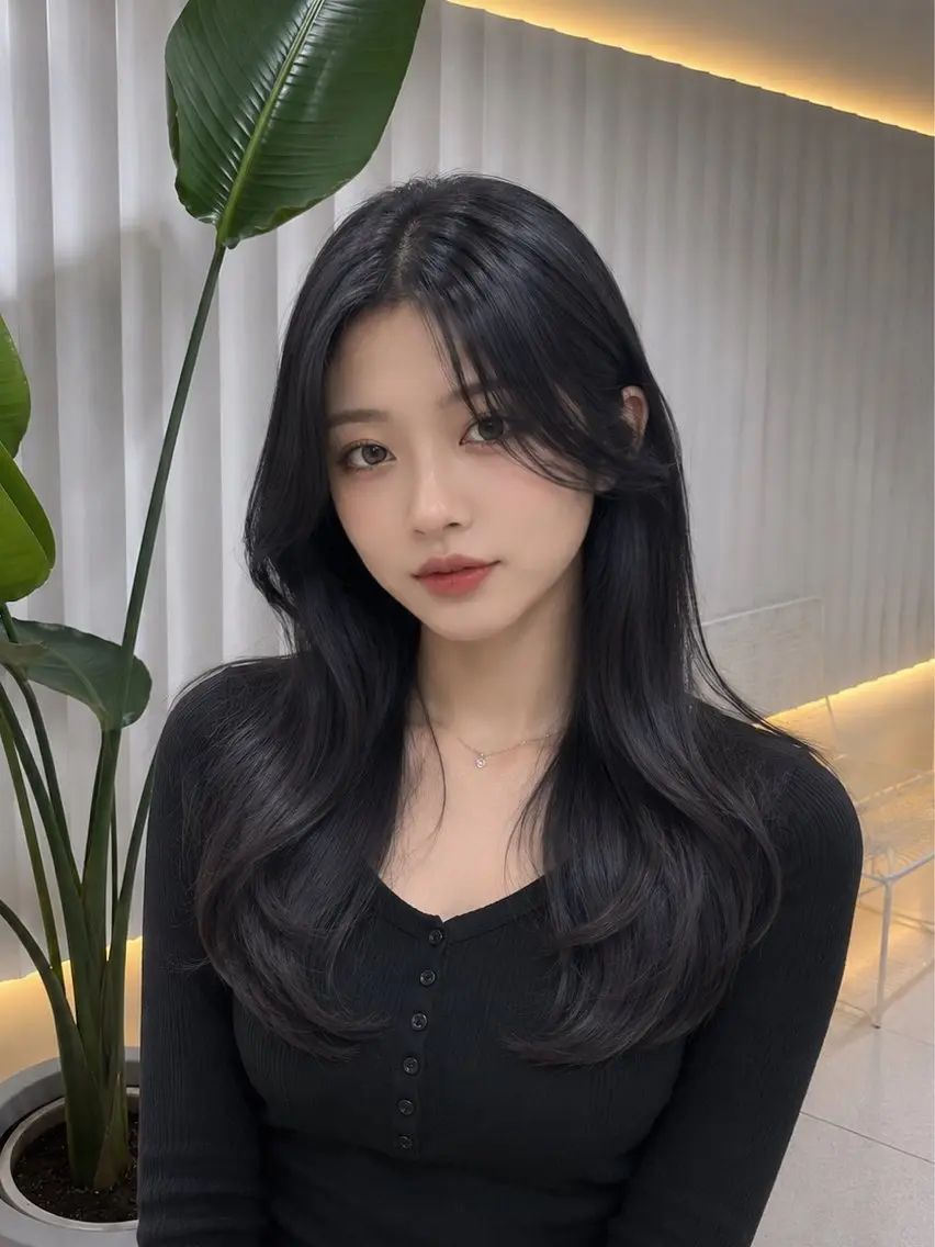 ミディアム カラー 黒髪 ブルーカラー ブルーブラック ヘアカラー トリートメント ラベンダー💜グレー 🩶ミント‪🩵のヘアスタイル