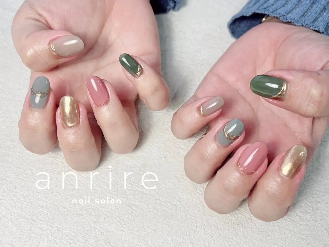 ネイル ブルー ジェルネイル ゴールド グリーン ミラーネイル ハンドネイル nailsalon anrireのネイルデザイン