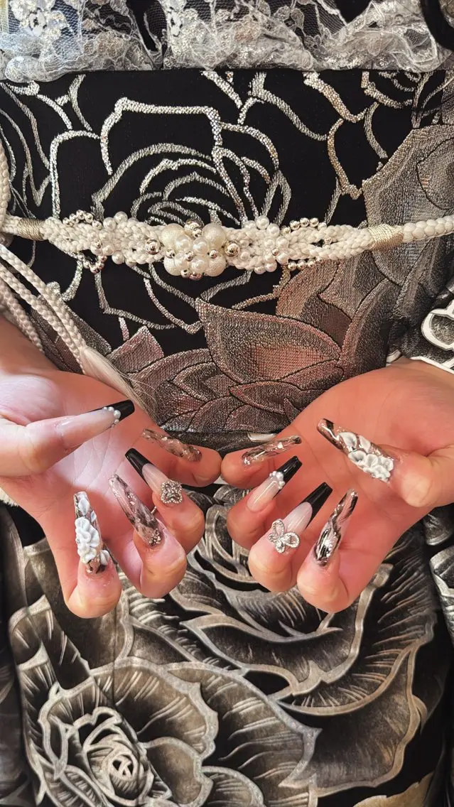 ネイル 成人式 フレンチネイル キラキラネイル ロングネイル 大理石ネイル(マーブル) icy nail れいあのネイルデザイン