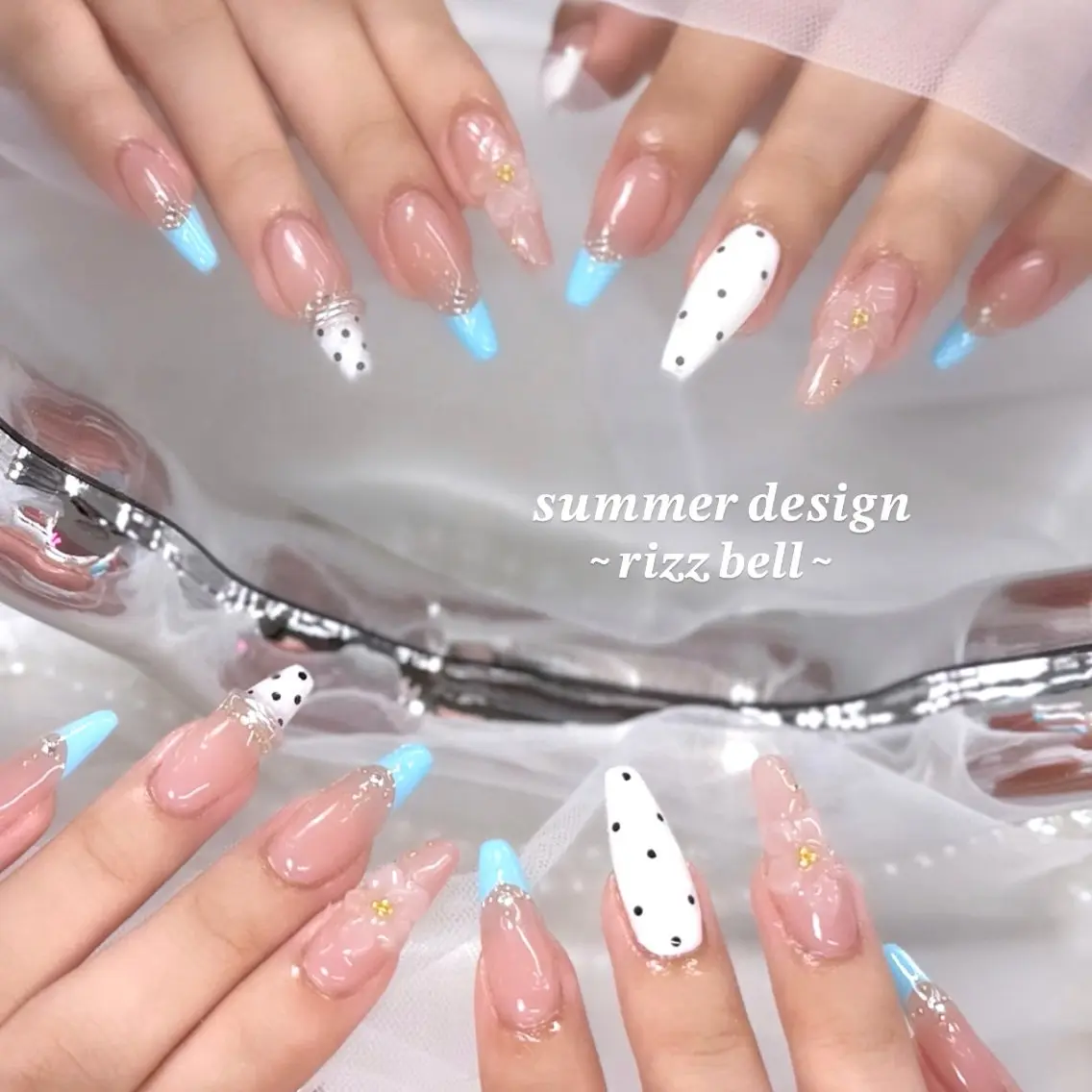 ネイル ドット ロングネイル スカルプネイル 夏ネイル ハンドネイル Rizz Bell (リズベル)のネイルデザイン