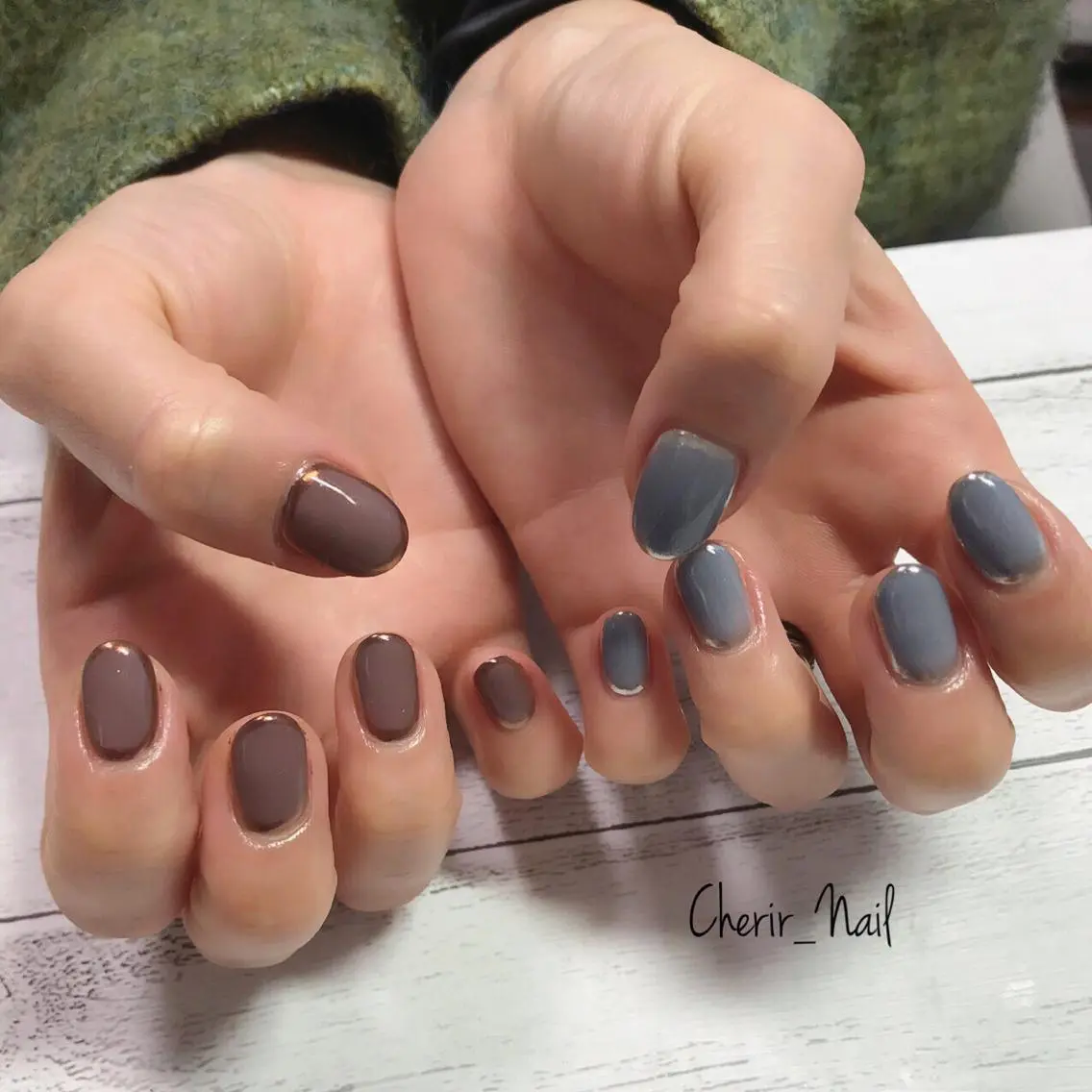 ネイル ブルー ブラウン カジュアル ミラーネイル ニュアンスネイル Cherirnail kaoriのネイルデザイン