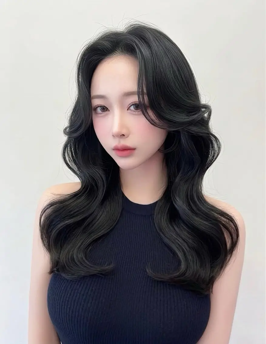 ロング カラー カット ヘアカラー トリートメント ブリーチなしダブル ミント/透明感/韓国のヘアスタイル
