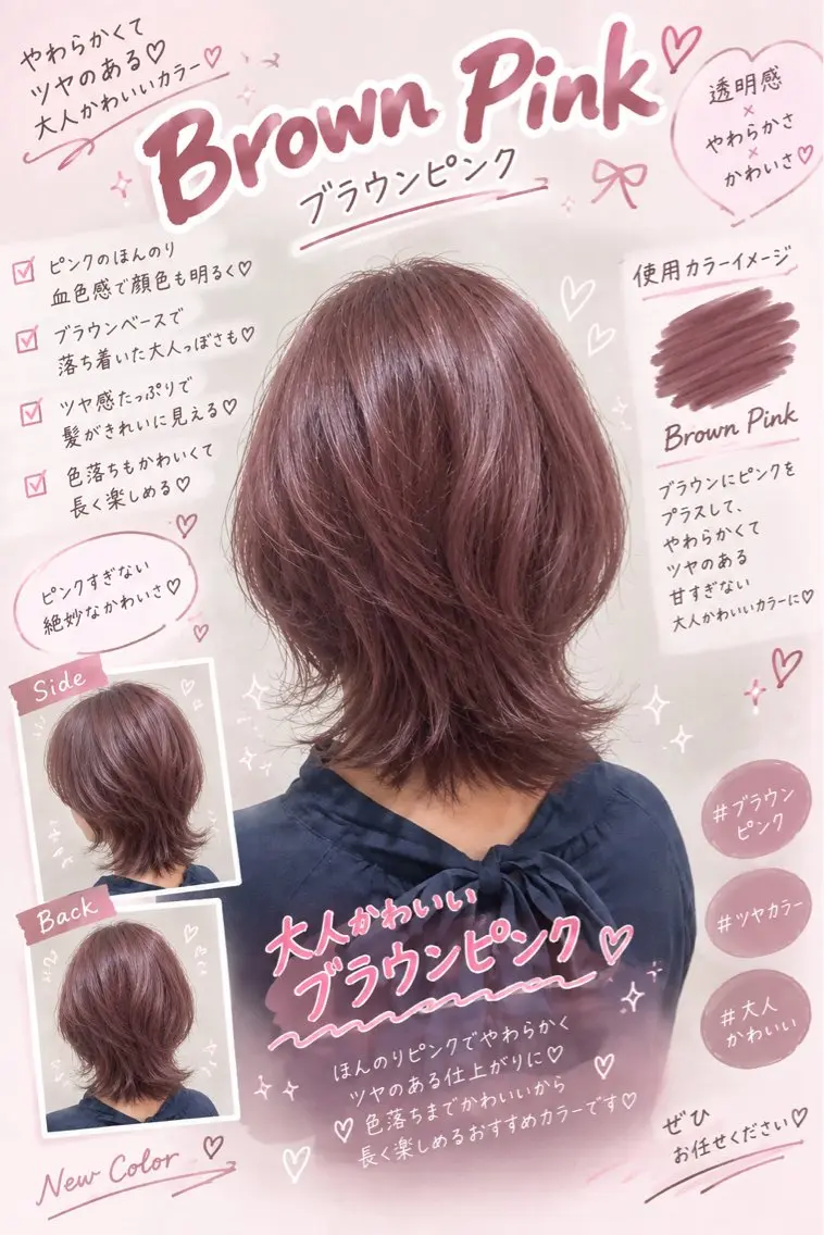 ミディアム カラー ブラウンカラー ピンクカラー ピンクブラウン 🫧おおにし みか🫧のヘアスタイル