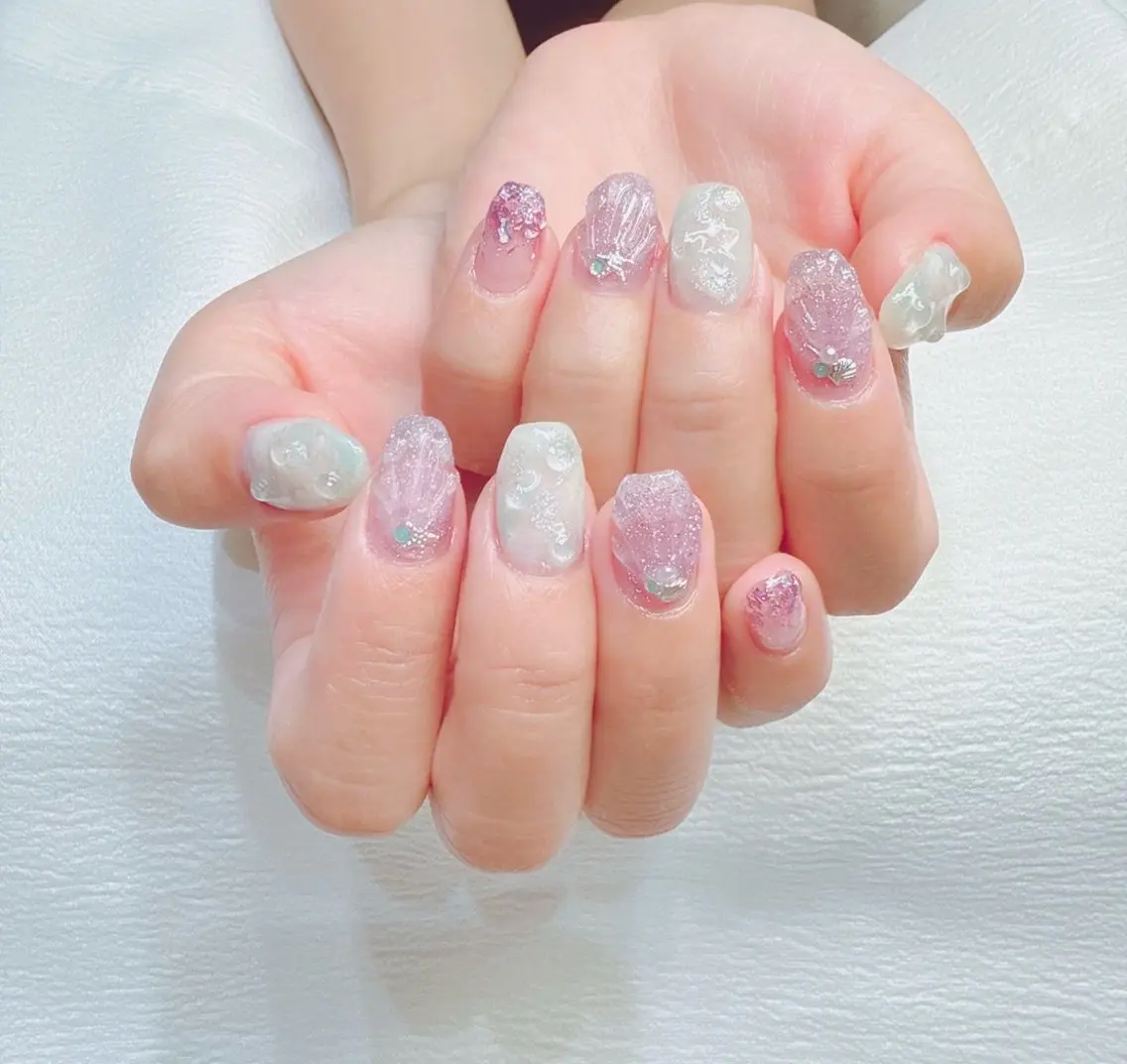 ネイル アートネイル オーロラネイル クリアネイル ジェルネイル ハート NailSalon✨ Écrinエクランのネイルデザイン