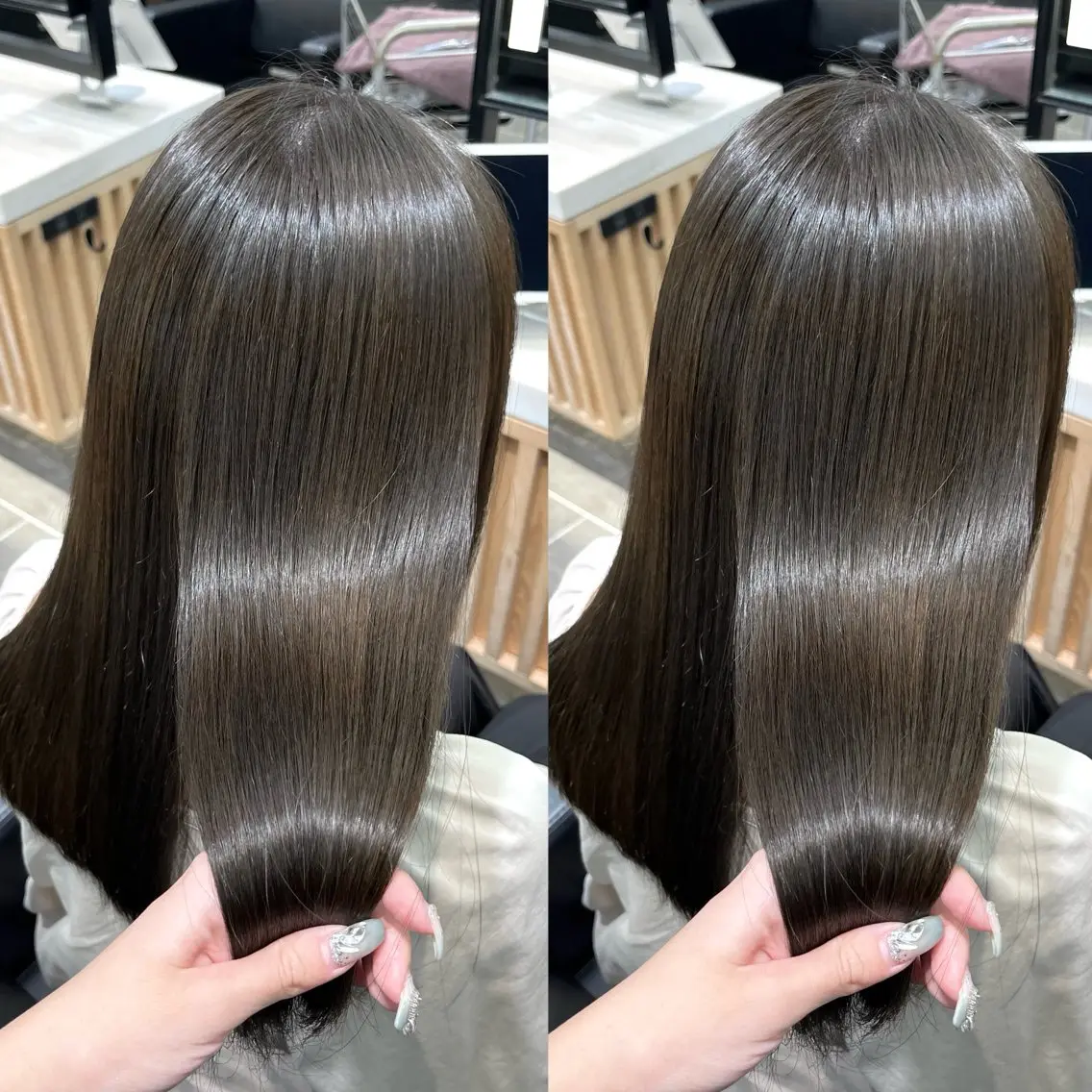 ミディアム カラー アッシュ イルミナカラー オリーブアッシュ 縮毛矯正 カット ヘアカラー 縮毛矯正 トリートメント 𝑺𝒂𝒌𝒊 🩶マンツーマン施術のヘアスタイル