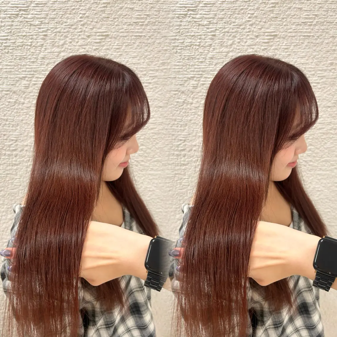 ロング カラー カット ヘアカラー トリートメント ヘッドスパ ヘアセット ベージュ/つや髪/ レイヤー／ゆいなのヘアスタイル