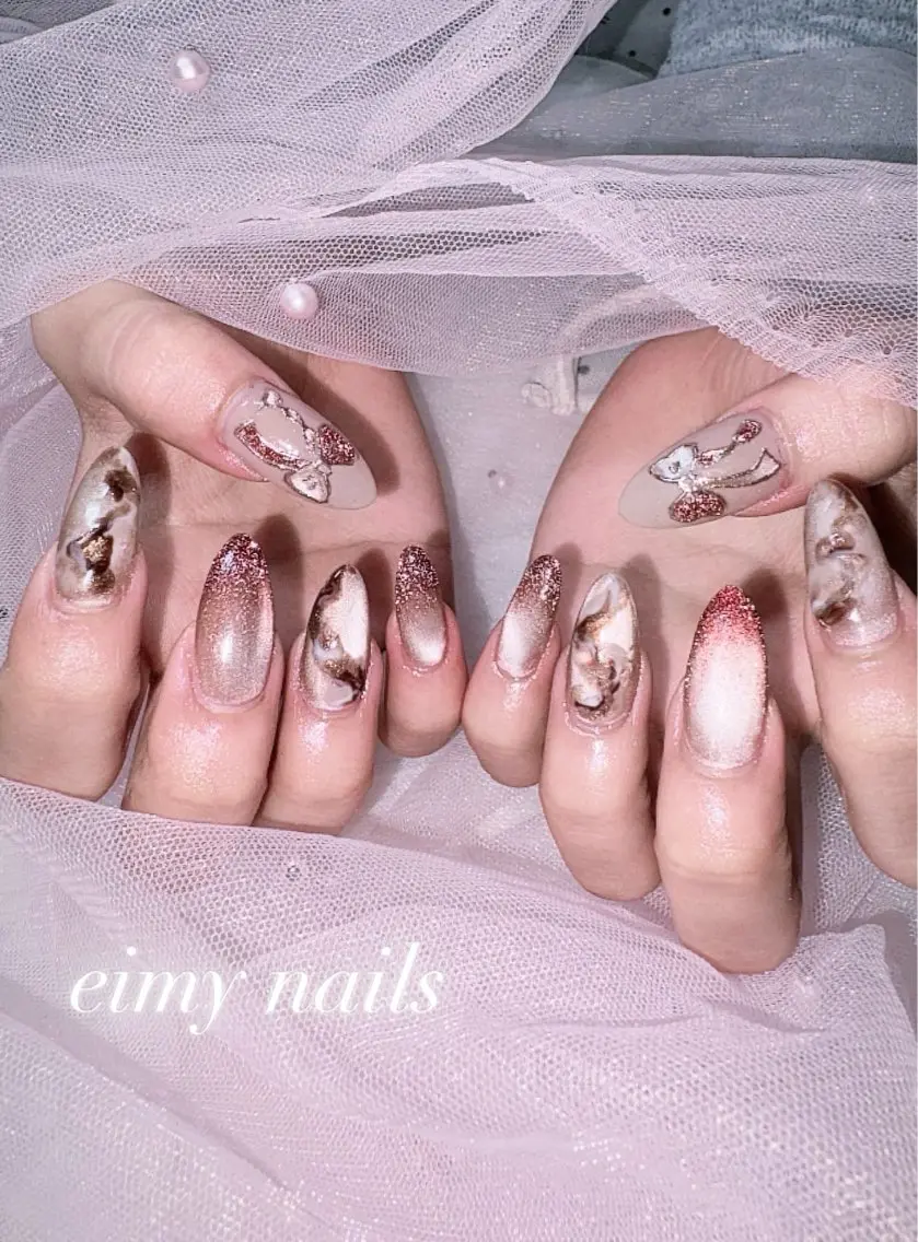 ネイル アートネイル ブラウン フラッシュネイル グラデーション ラメ(グリッター) ハンドネイル eimy nails♡のネイルデザイン