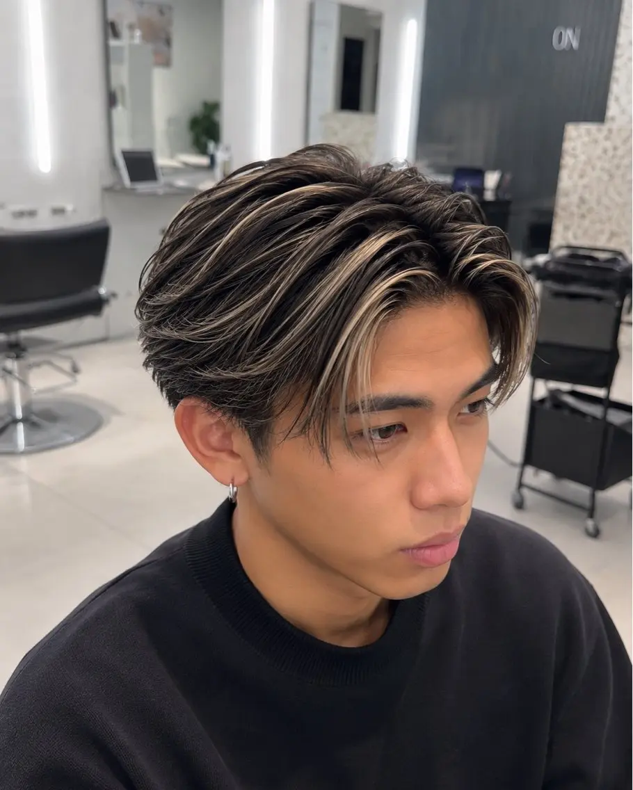 カラー メンズ メンズハイライト ベージュカラー ハイライトカラー ホワイトベージュ ヘアカラー 表参道/ハイライト バレイヤージュのヘアスタイル
