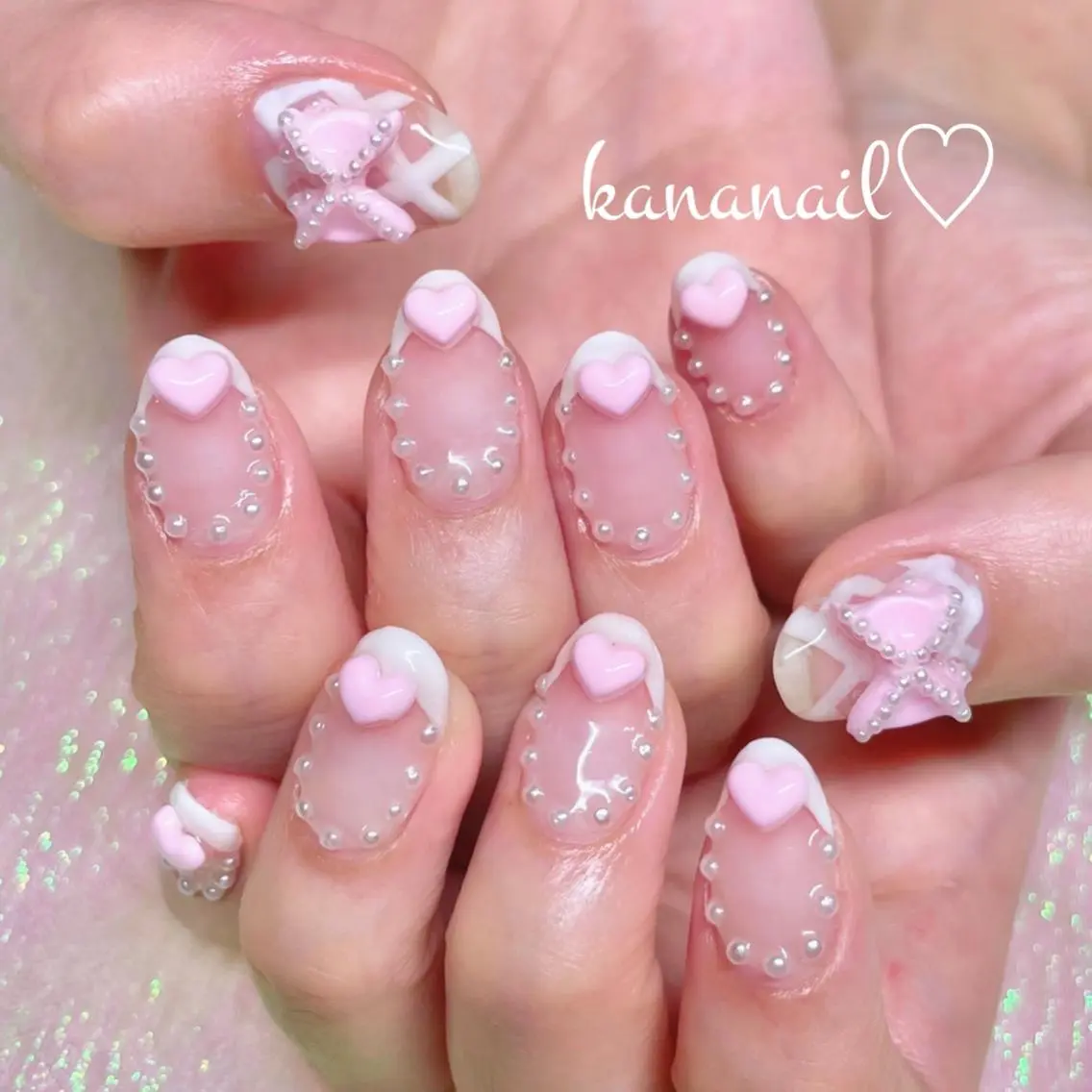 ネイル フレンチネイル ハート ピンク リボン kananail🎀 桜木町ネイルのネイルデザイン