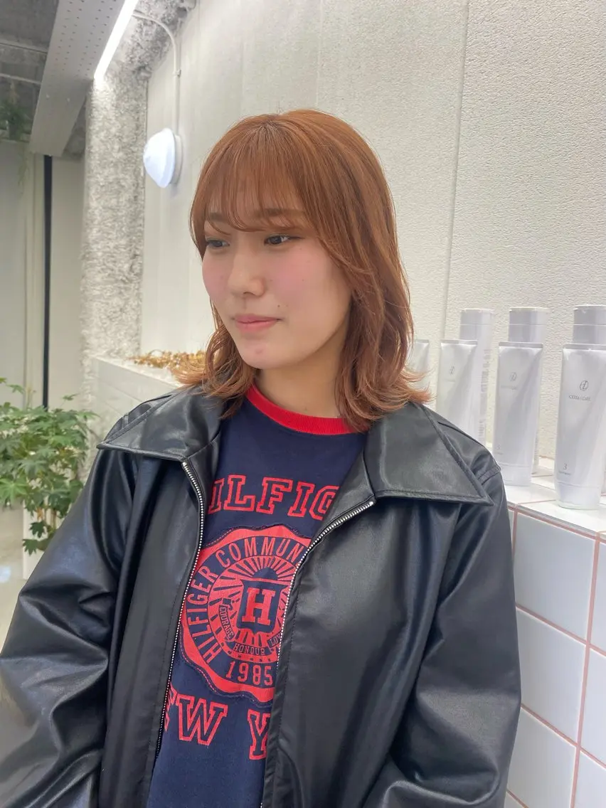 ミディアム カラー ブリーチ ブラウンカラー 透明感カラー オレンジ オレンジブラウン カット ヘアカラー トリートメント NIKO/名古屋/ 髪質改善/艶髪のヘアスタイル