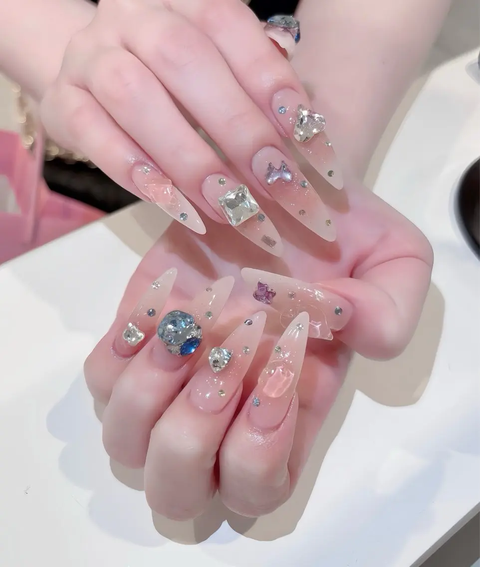 ネイル べっ甲ネイル ブルー 長さ出し フレンチネイル ジェルネイル ハンドネイル Rin Nail 新大久保店のネイルデザイン