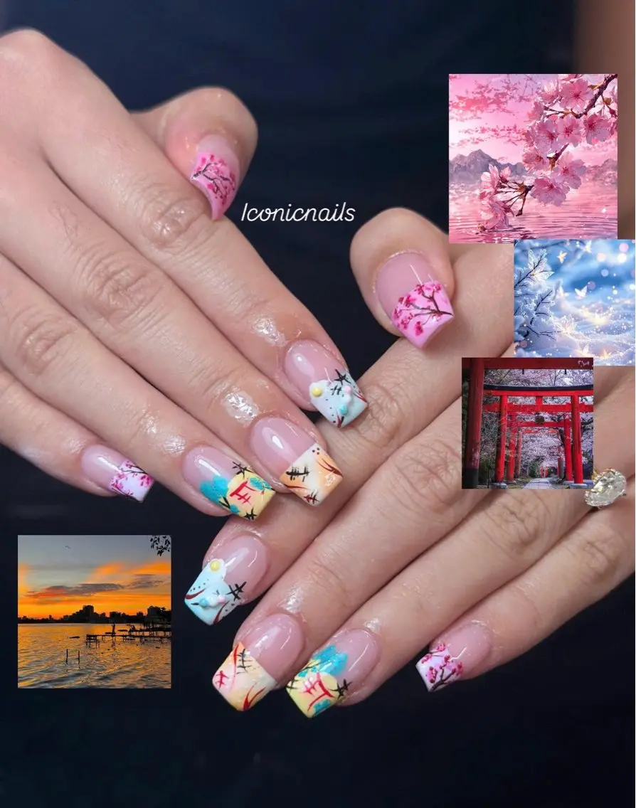 ネイル アートネイル ブルー 桜ネイル 持ち込み ピンク Iconic Nailのネイルデザイン