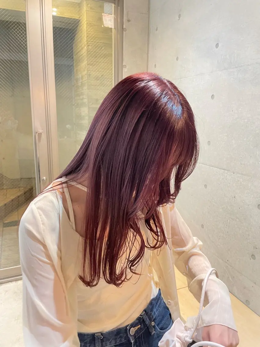 ロング カラー ブリーチ ブラウンカラー ピンクカラー レッドカラー レッドブラウン ヘアカラー 【表参道】Ruri デジタルパーマのヘアスタイル