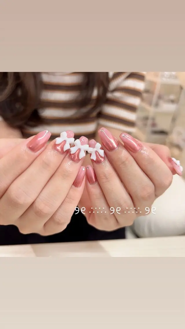 ネイル ミラーネイル ピンク リボン ハンドネイル beautiful meみくのネイルデザイン