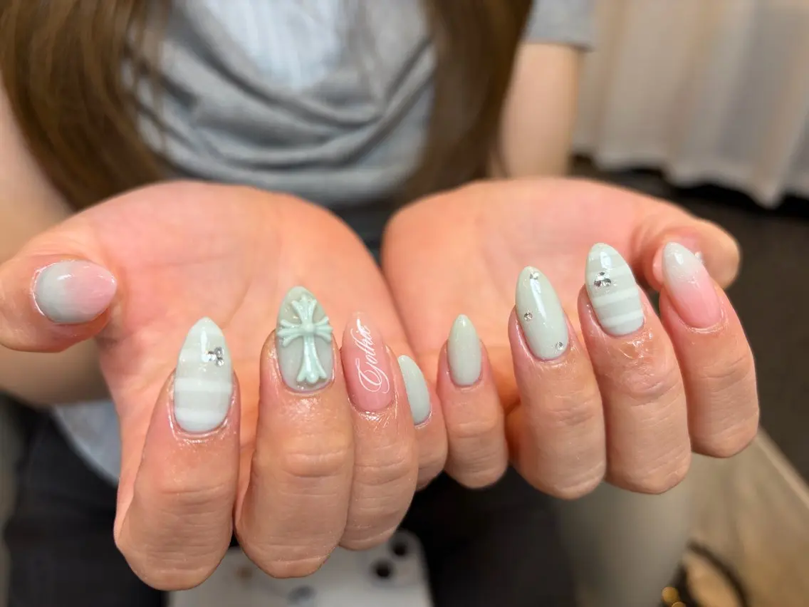 ネイル グリーン ピンク ハンドネイル MASHU /サヤnail♡のネイルデザイン
