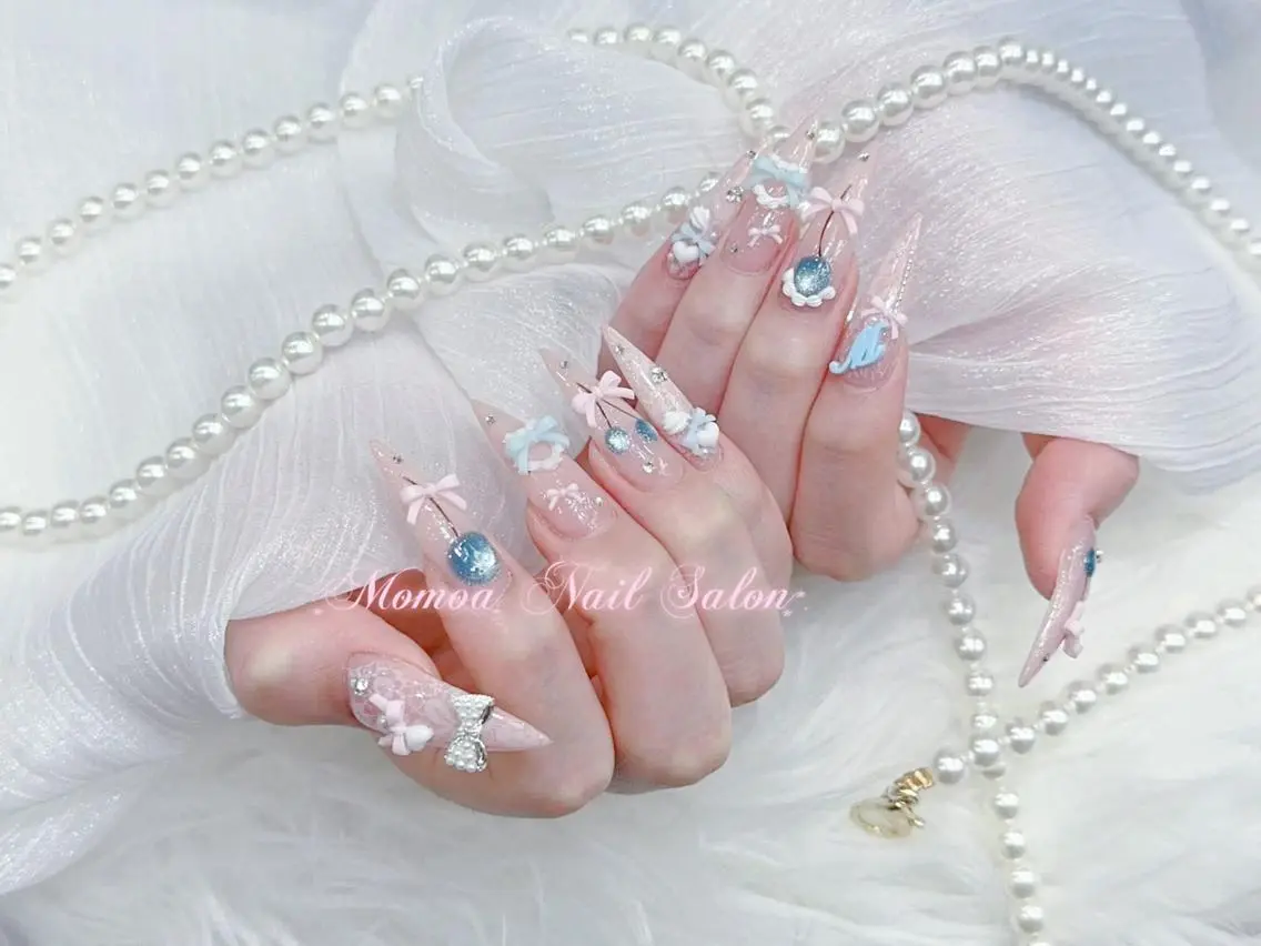 ネイル 成人式 大理石ネイル(マーブル) リボン 夏ネイル ネイルチップ ハンドネイル MoMoA Nail ネイル長さ出し専門店のネイルデザイン