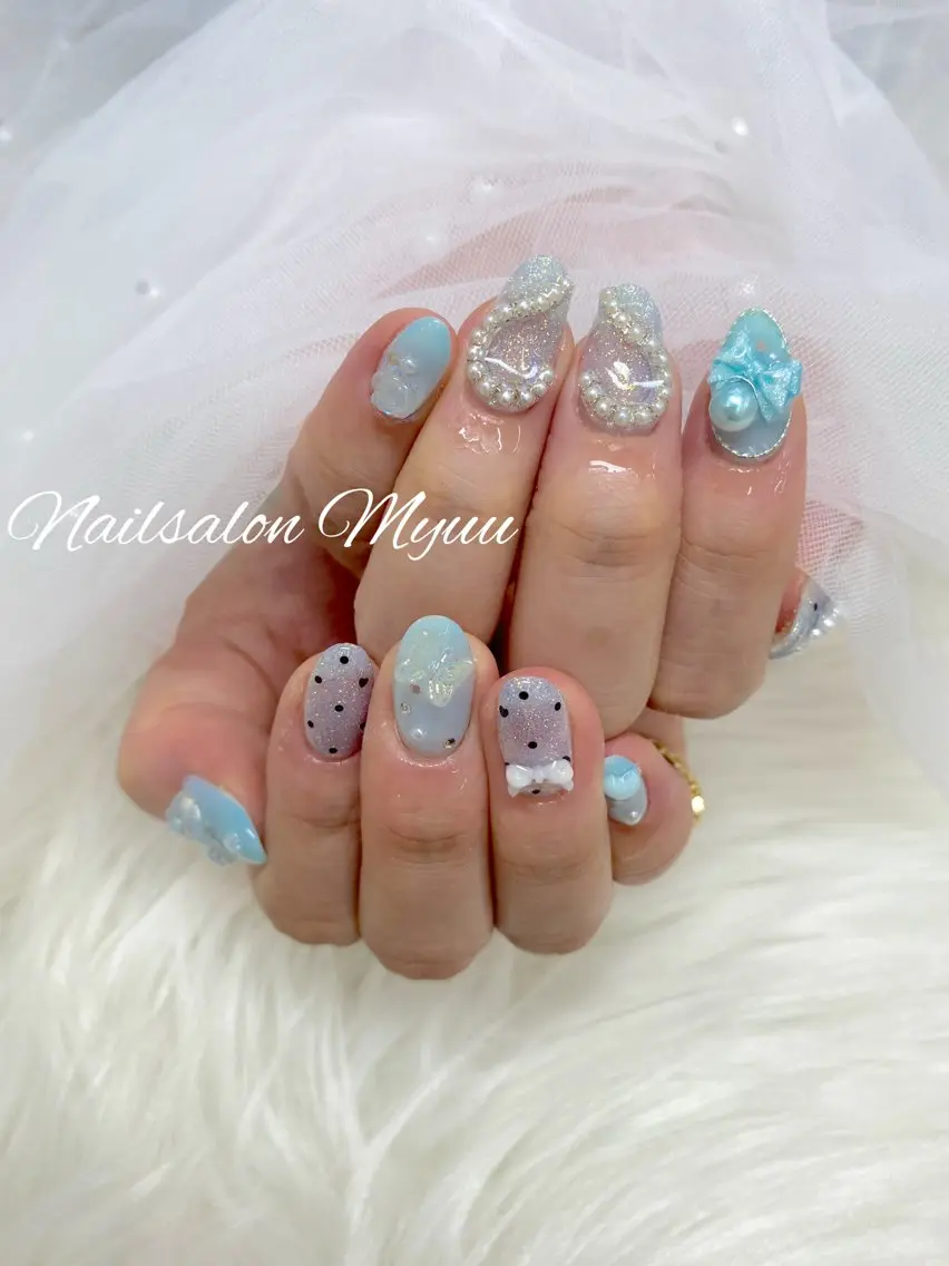 ネイル ガーリー 水色 ハンドネイル Nailsalon Myuu笠原のネイルデザイン