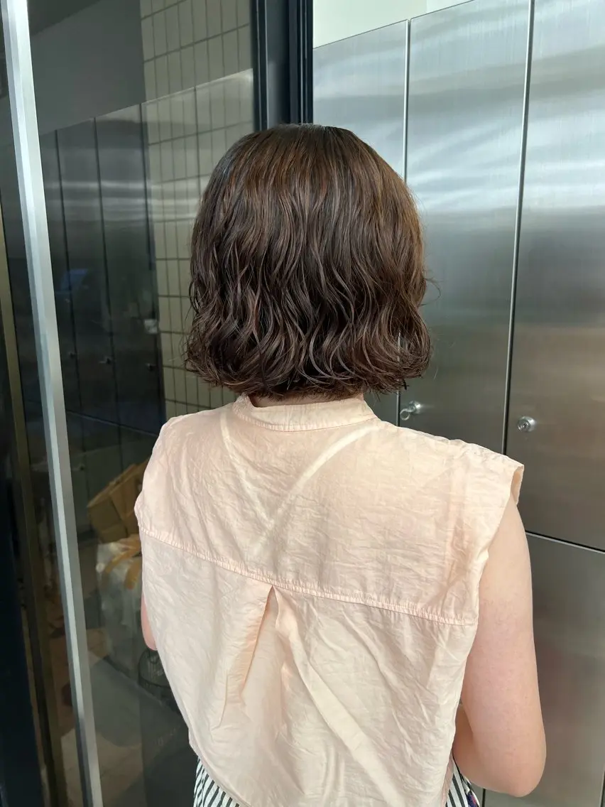 ミディアム カラー パーマ カット ヘアカラー パーマ akane/オリーブ /ボブパーマのヘアスタイル