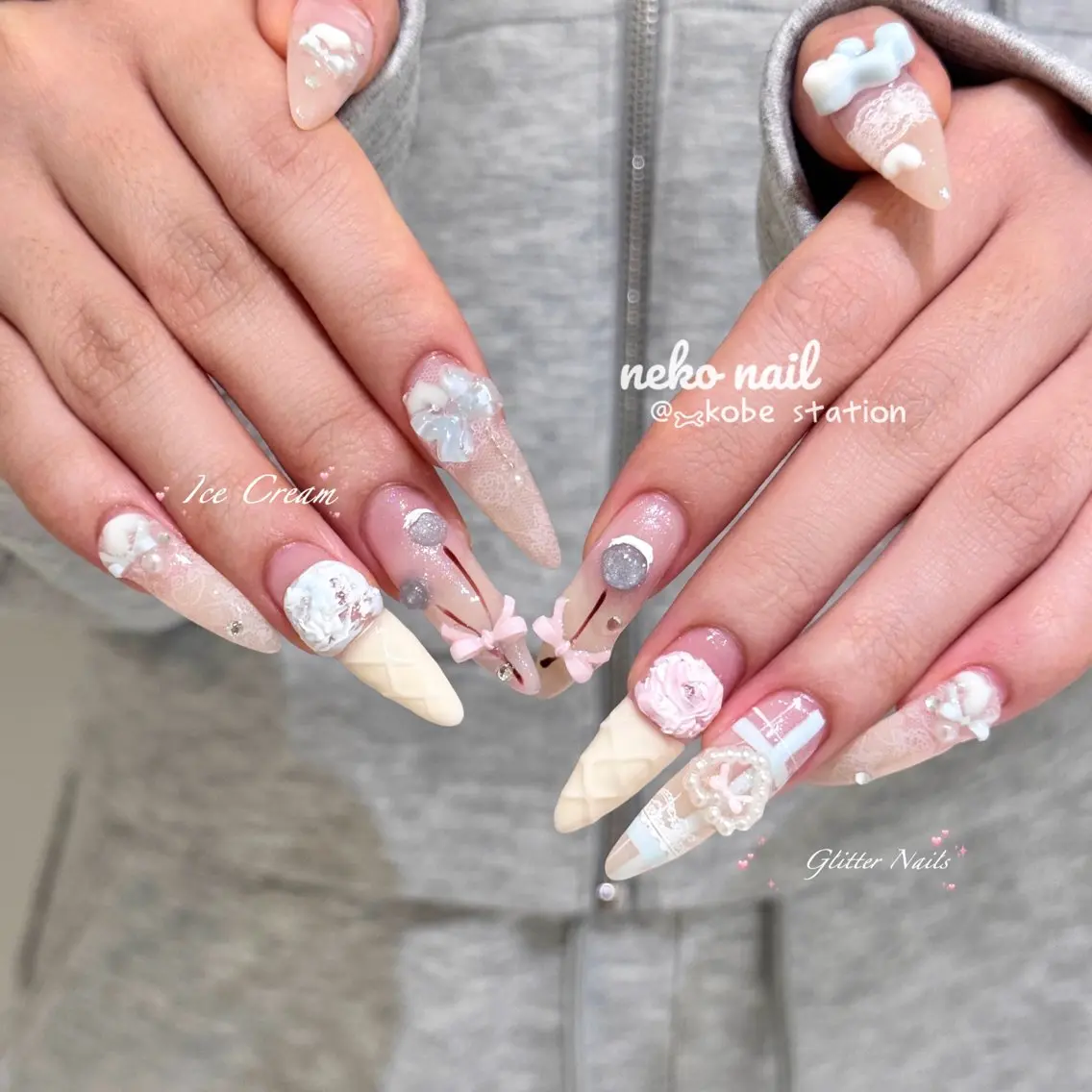 ネイル 氷ネイル・うるうるネイル ロングネイル ハンドネイル neko nail三宮元町店のネイルデザイン