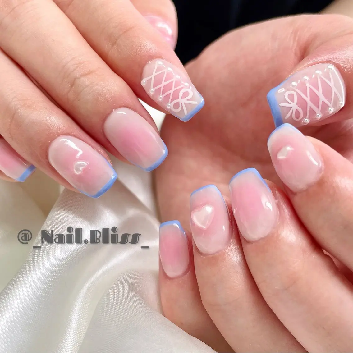ネイル チークネイル フレンチネイル レース リボン ハンドネイル NAIL BLISSのネイルデザイン