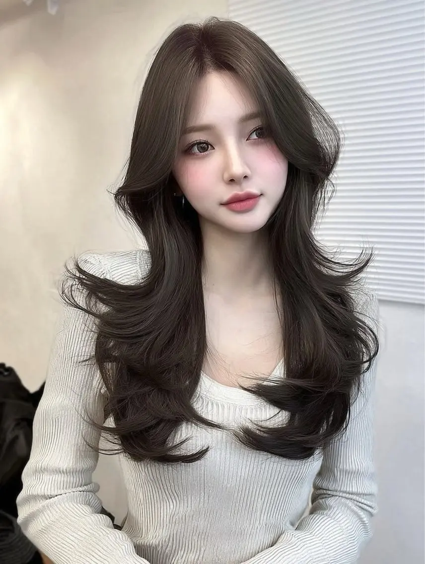 ロング ボブ 顔まわりレイヤー 韓国風ヘア レイヤーカット ウルフカット 岡田 望愛🫧のヘアスタイル