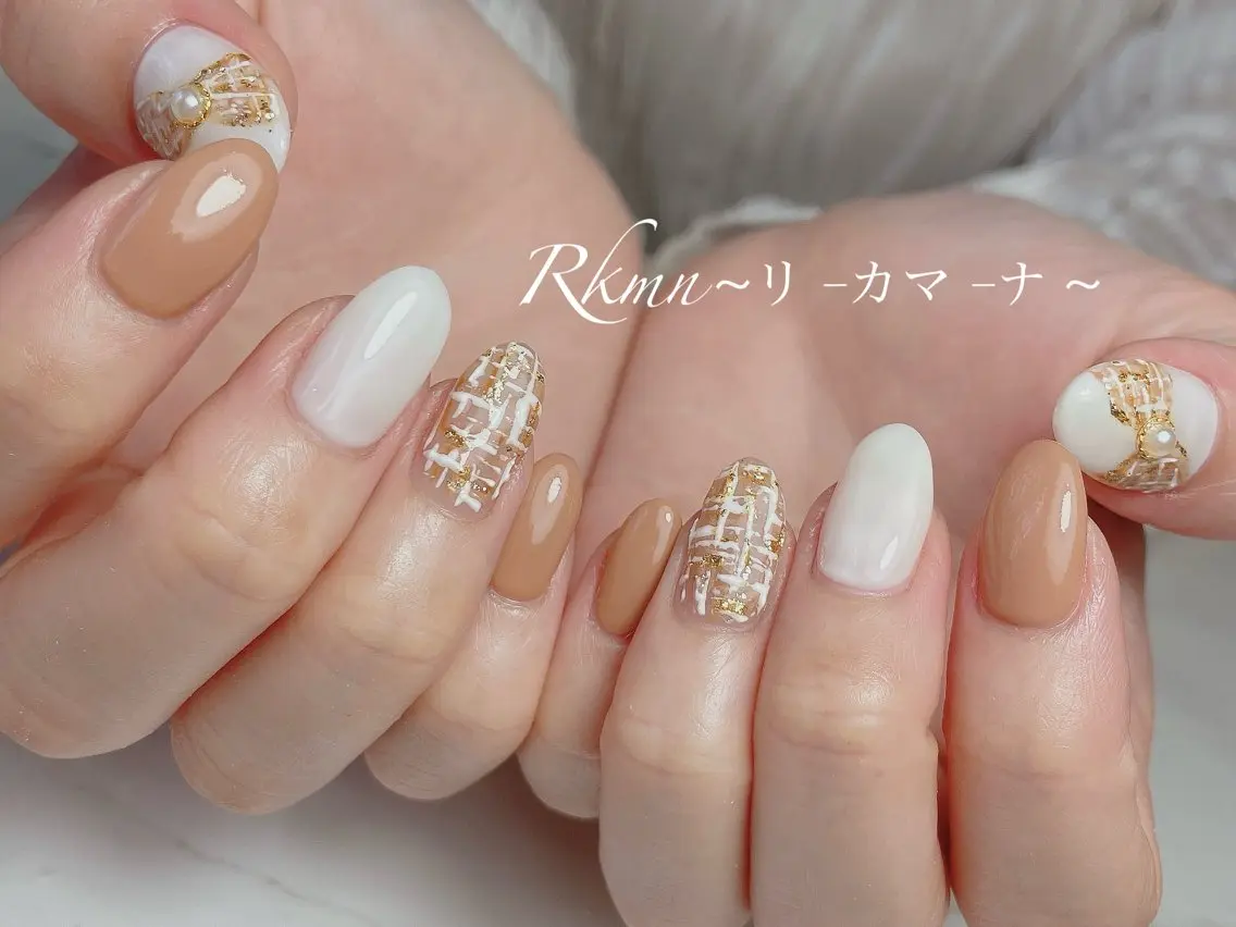 ネイル アートネイル リボン 春ネイル ツイードネイル ハンドネイル フットネイル ハンドケア Rkmn ~リ-カマ-ナ~のネイルデザイン
