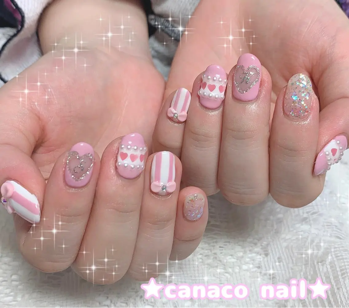 ネイル ガーリー ハート リボン ハンドネイル ハンドケア ベテランネイル cnc nailのネイルデザイン