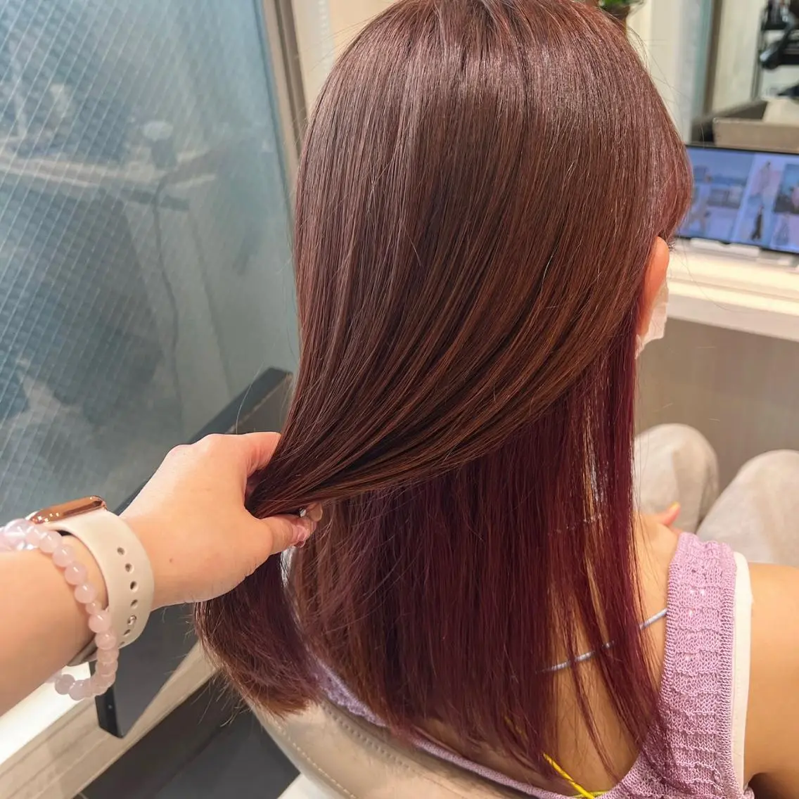 ロング カラー インナーカラー ピンクカラー 三箇島陽香/髪質改善 クロスパーマ縮毛矯正のヘアスタイル