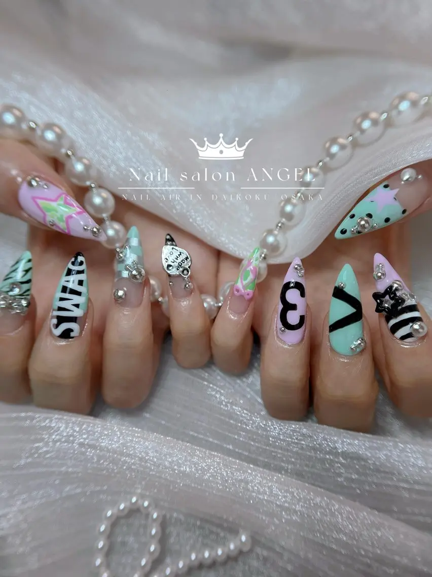 ネイル アートネイル 韓国ネイル ロングネイル スカルプネイル ワンホンネイル ハンドネイル ANGEL ユのネイルデザイン