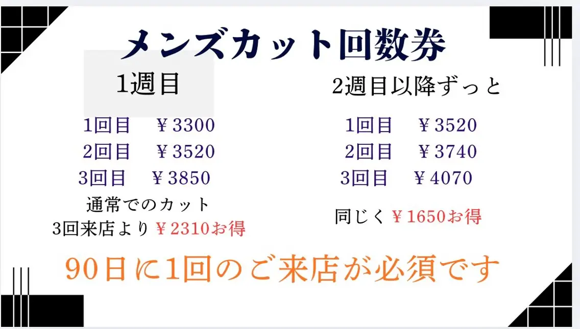 メンズカット回数券¥3300〜(1回目3300円2回目3520円3回目3850円の 3回チケット!)の写真
