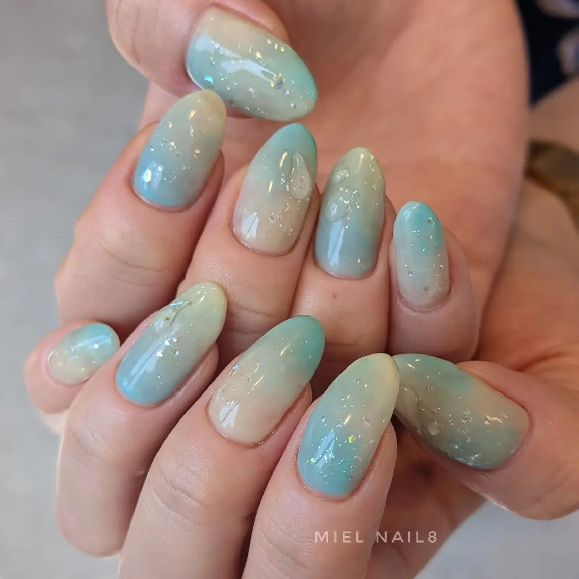 ネイル ブルー ラメ(グリッター) 黄色 miel nail mayaのネイルデザイン