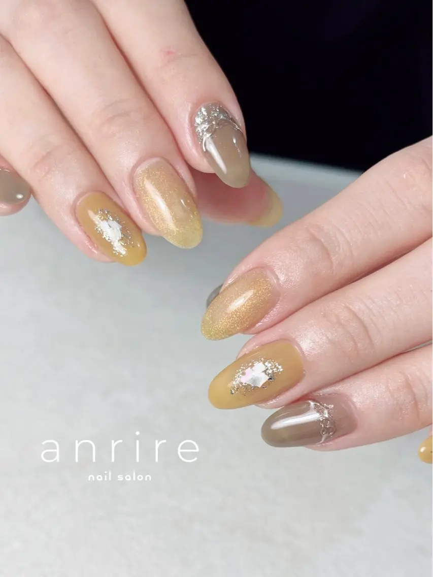 ネイル ブラウン ジェルネイル キラキラネイル ラメ(グリッター) マグネットネイル ハンドネイル nailsalon anrireのネイルデザイン