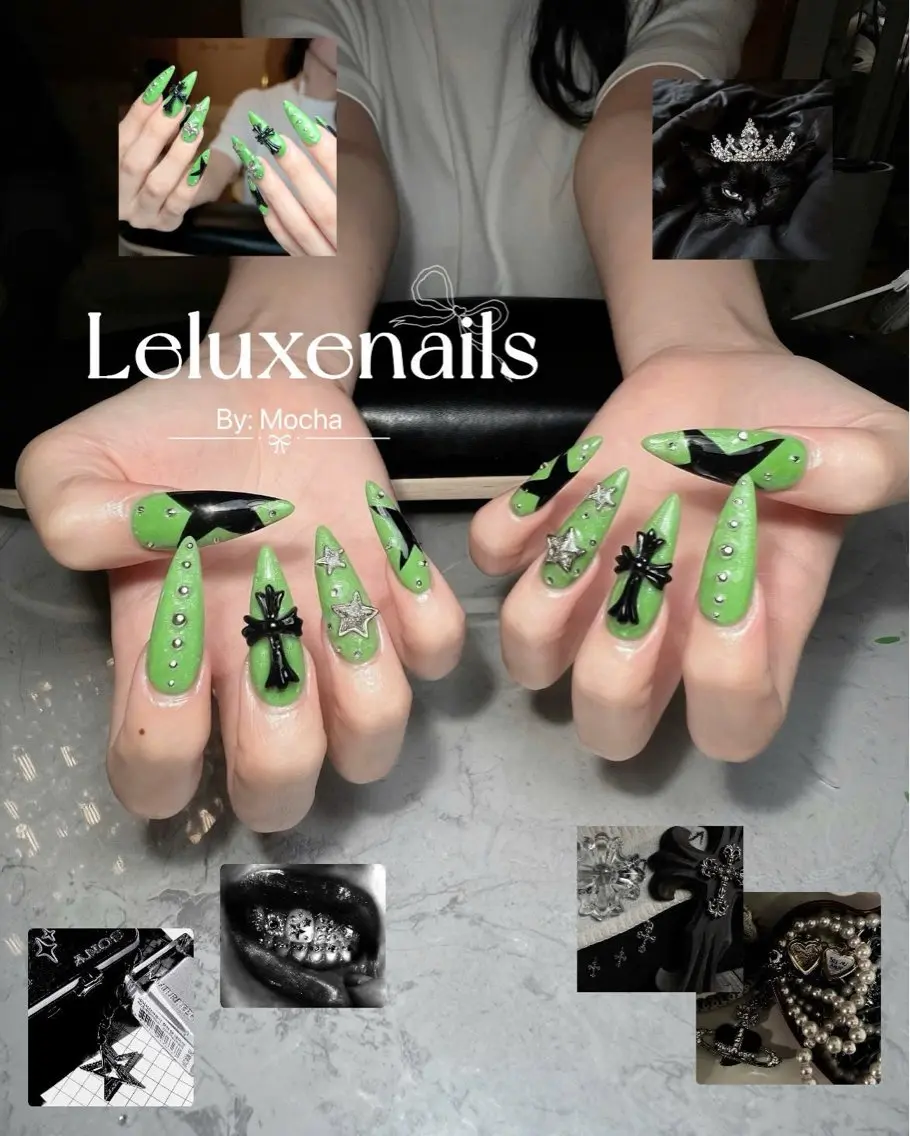 ネイル グリーン 韓国ネイル 持ち込み リボン シルバー ハンドネイル le luxe nailsのネイルデザイン