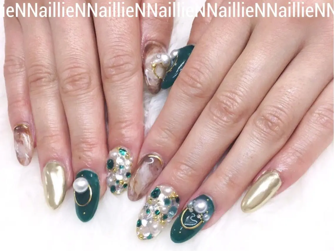 ネイル ブラウン グリーン 大理石ネイル(マーブル) Nail lieNのネイルデザイン